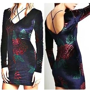 Free People Navy Blue Velvet Floral Print Open Back Dress